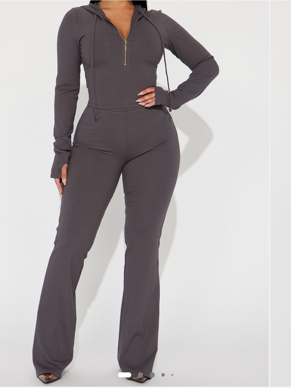 Ribbed Zip-Front Hooded Set in Charcoal-Fashion Nova